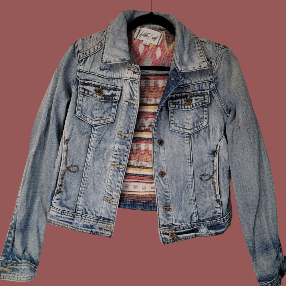 White Crow Jean Jacket Boho Distressed‎ Denim Jacket Aztec Navajo Print Panel S